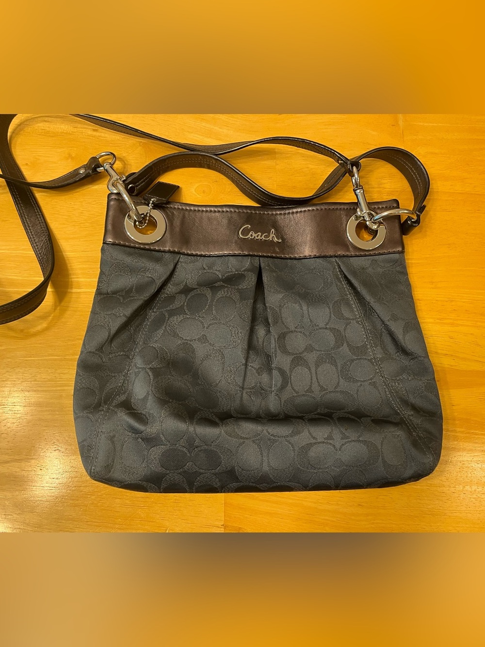 Coach Black Signature Pleated Shoulder Bag with Brown Trim